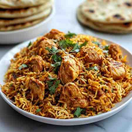 "A steaming plate of one-pot chicken biryani with tender chicken pieces, aromatic basmati rice, and garnished with fresh mint and coriander leaves, served on a rustic wooden table with a side of raita."
